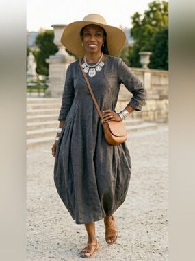 KAGURAYA Japan Charcoal 100% Linen Midi Dress | Minimalist Lagenlook Size S